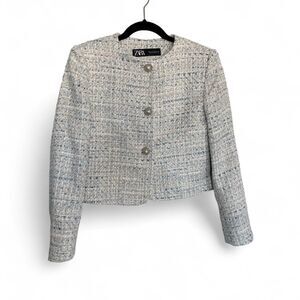 Zara Bouclé Tweed Jacket Cropped Chanel Style Blazer Metallic Button Size S